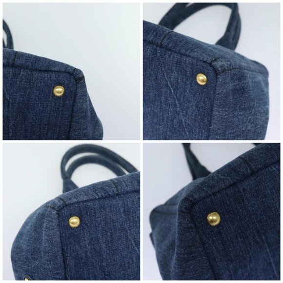 PRADA Canapa MM Hand Bag Denim Blue Gold Auth - Picture 15 of 16